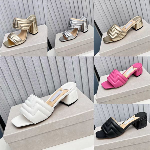 

2023 designer pure color square head slides slippers womens luxury 100% leather outdoor elegance high heels sandals ladys shallow mouth slip, Black