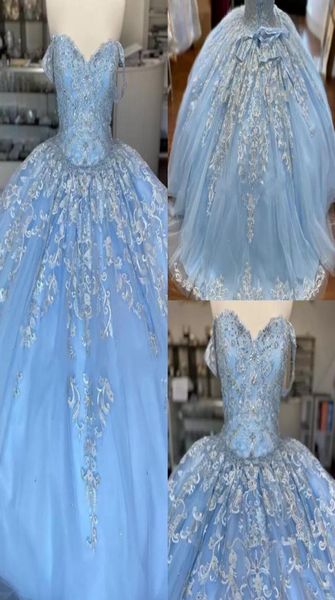 

baby blue lace tulle sweet 16 dresses off the shoulder floral applique tulle beaded corset back vestidos de quinceanera ball gowns9766790, Blue;red
