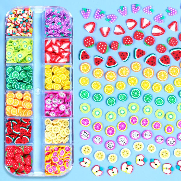 

12grids fruit polymer clay beads handmade flat polymer clay slice cabochons for diy nail art slime making decoration crafts, Silver;gold