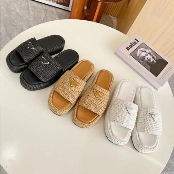 

designer slippers triangle buckle raffia straw espadrilles women thick bottom sandals slip on mules slides lady platform wedges square toe, Black
