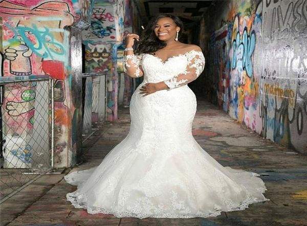 

plus size mermaid wedding dresses sheer bateau neck appliqued lace long sleeves bridal gowns sweep train wedding dress robes de ma2655998, White