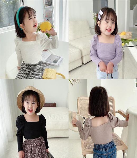 

summer ins little girls ribbed tshirts autumn blank puff sleeve cotton fashion bountique clothes winter fall 27 years7877352, Blue