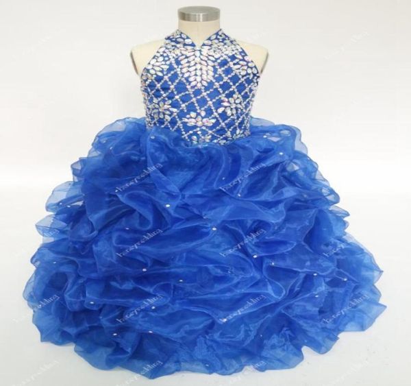 

vintage royal blue flower girls dresses for weddings with rhinestones beaded high neck ruffles teens pageant ball gowns in stock c6218335, White;red