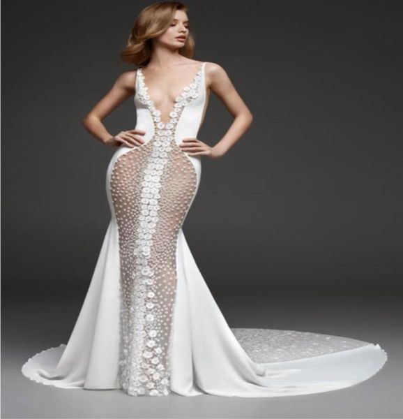 

see through mermaid wedding dresses 2022 deep vneck 3d floral lace sweep train beach boho bridal reception gown5224478, White