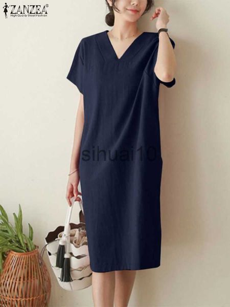 

casual dresses 2023 zanzea elegant casual loose vintage cotton knee-length vestidos summer solid color women dress short sleeve v-neck sundr, Black;gray
