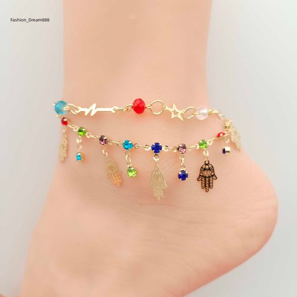 

wholesale fashion 14k gold jewelry fatima hamsa hand anklets for women, Red;blue
