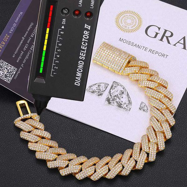 

fine jewelry hip hop men 20mm 925 gold silver sterling silver 3 rows vvs moissanite diamond cuban link bracelet