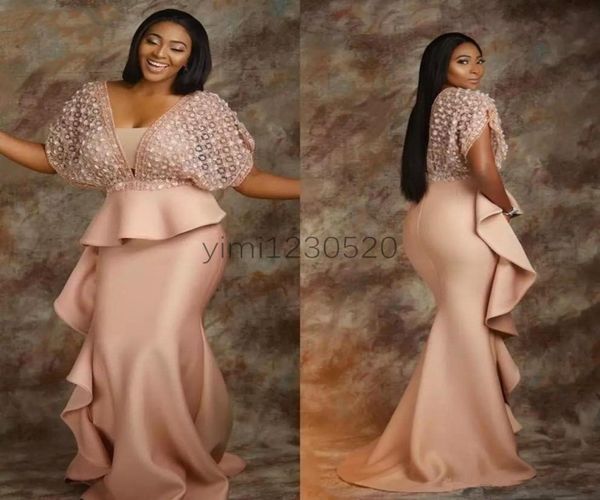

aso ebi champagne mermaid evening dresses v neck short sleeve ruffles lace plus size formal prom party gowns special occasion dres2593924, Black;red