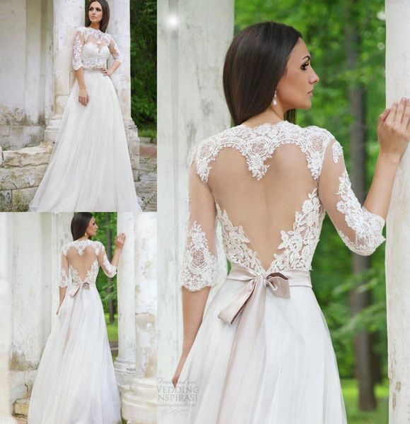 

elegant 2019 lace wedding dresses half sleeves jewel neck heartshaped keyhole illusion tulle open back wedding gowns beach bridal6749417, White