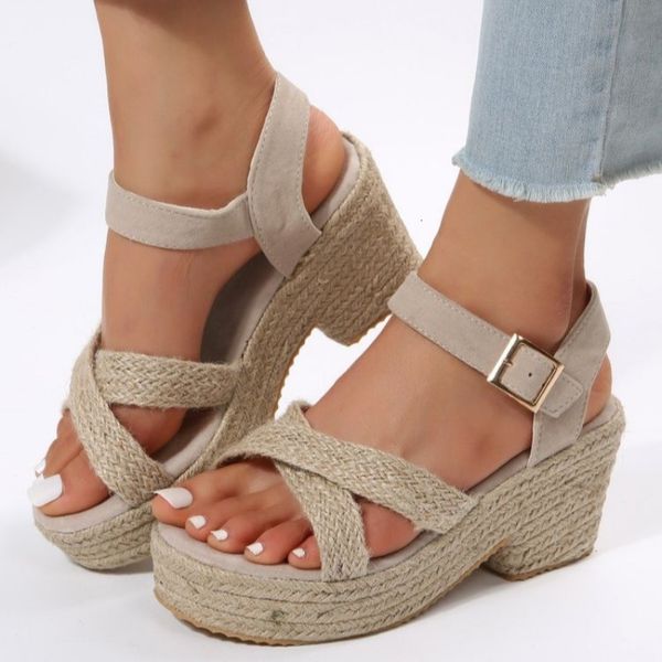 

sandals shoes for women 2023 casual simple slope heel strap straw sandal summer comfortable open toe beach mujer 230704, Black