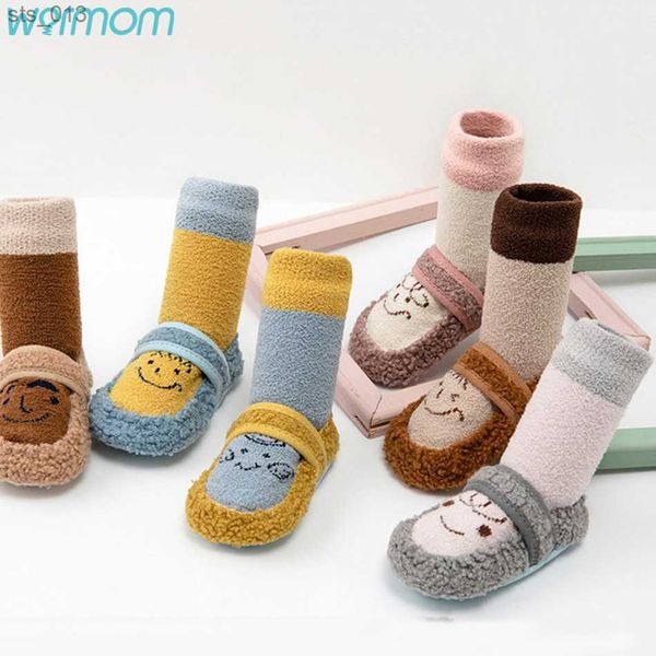 

warmom winter super thick plus fleece baby shoes infant toddler floor terry socks coral fleece leather socks newborn accessories l230518, Black
