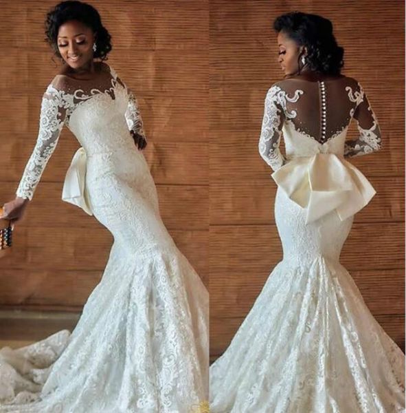 

mermaid wedding dresses elegant african lace sheer sash plus size country applique long sleeve bridal gown church bride dress cust9165146, White