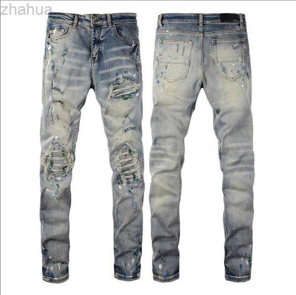 

mens designer jeans high elastics distressed ripped slim fit motorcycle biker denim for men s fashion black pants###, Blue