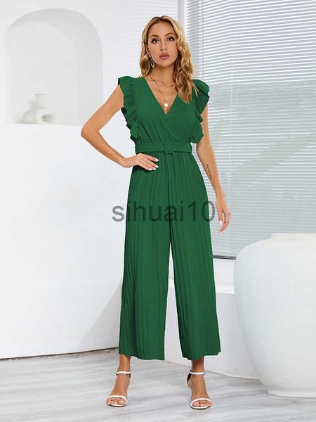 

women's pants capris  2023 new slim jumpsuits high waist sleeveless ruffle v neck pleated wide leg pants women for fashion j230705, Black;white