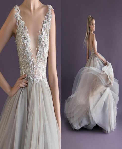 

prom dresses princess v neck spaghetti straps a line floor length backless appliques beading gray tulle prom gowns paolo sebastian5295520, Black