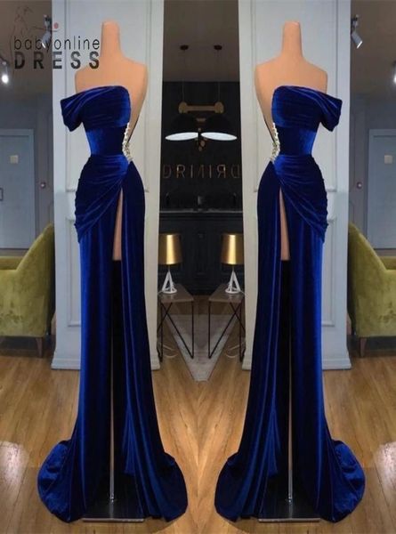 

chic royal blue offtheshoulder strapless evening dresses sheath high thigh split long prom party gowns with beaded waist vestido6114004, Black;red
