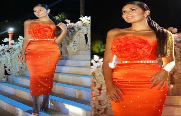 

2021 simple strapless orange tea length prom dresses with handmade flowers beaded cocktail party evening women gowns1150530, Black
