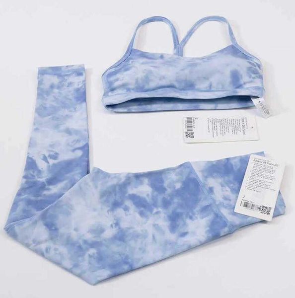 

lu-010 tie-dyeing set double-sided matted yoga suit sports women's tight pants bra underwear fitness fashion gym clothes, White;red