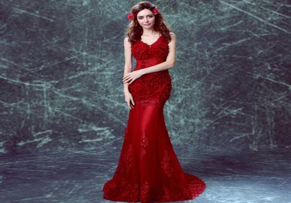 

elegant custom flower tulle long red mermaid bridesmaid dresses plus size vneck lace up floor length vestidos de dama de honor fo9740967, Red;white