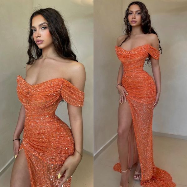 

fashion orange sequins prom dresses off shoulder evening gowns pleats slit formal long special occasion party dress, Black