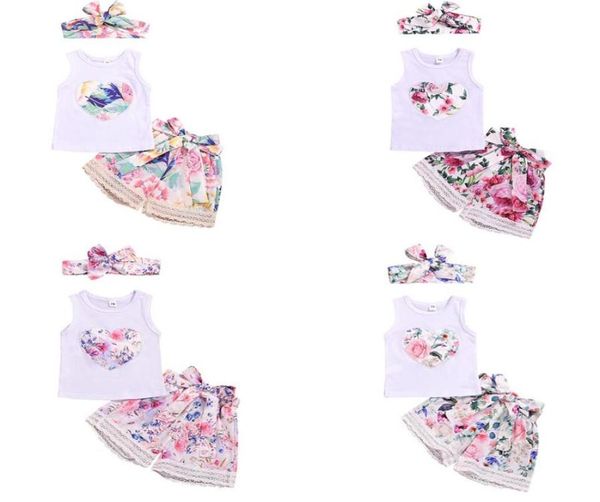 

headband baby girl clothing 3 pieces sets girl summer sets love flower print sleeveless girl clothing sets8557023, White