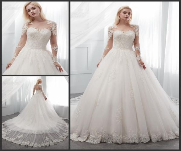 

a line long sleeve wedding dresses sheer illusion crew neck with lace applique bridal gown keyhole corset back vestidos de novia 29493234, White