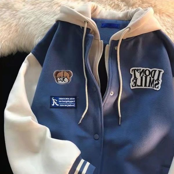 

womens jackets american bear embroidered hooded cardigan coat women autumn and winter thick couple loose fake twopiece jacket baseball unifo, Black;brown