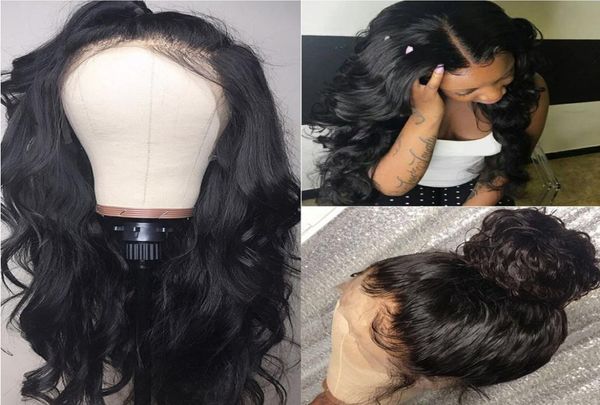 

full lace wigs human hair with baby hair ponytail body wave wig brazilian hair 150 density lace wig pre plucked lace wig3102192, Black