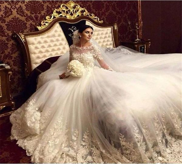 

2019 romantic victorian ball gown wedding dresses scoop long sleeves arabic muslim islamic wedding gowns lace appliques dresses6552359, White