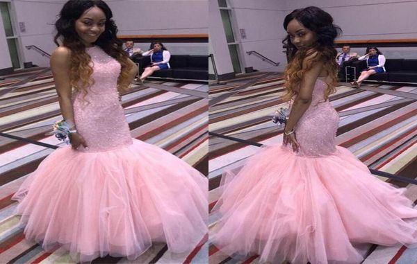 

pink mermaid tulle prom dresses african girls halter neck beadings sequins backless long evening gowns ba70606910641, Black;red