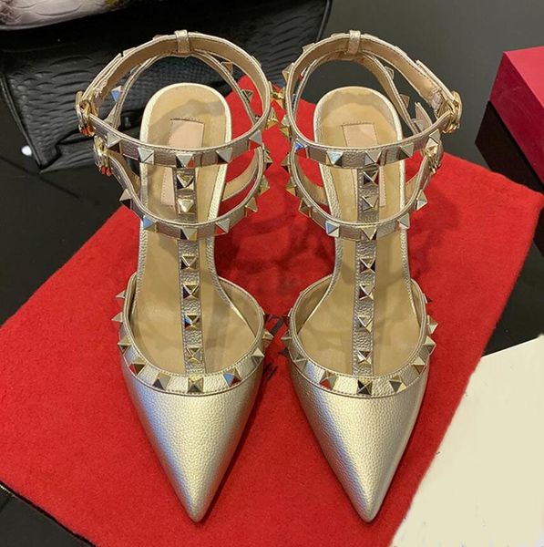 

sale-designer pointed toe 2-strap with studs high heels patent leather rivets sandals women shoes valentine high heel shoes, Black