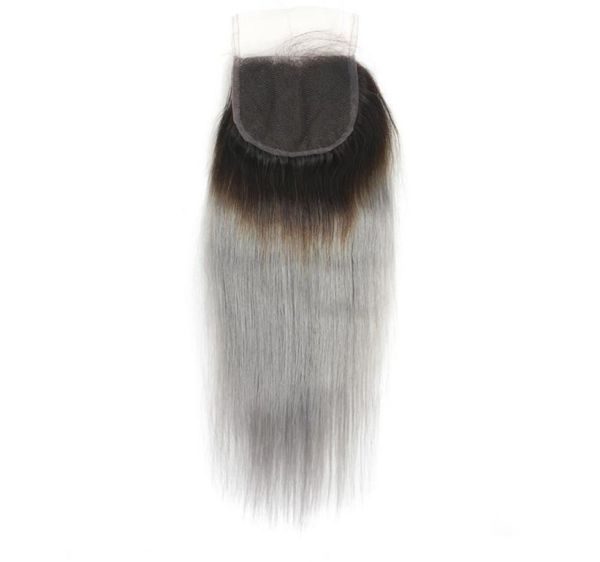 

4x4 silver grey ombre human lace closure 1b greygray straight hair closure7463668, Black;brown