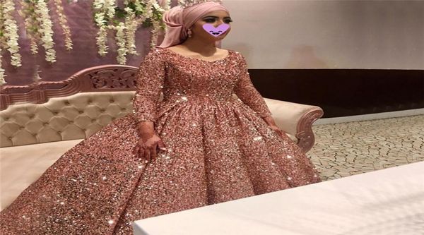 

muslim rose gold prom dresses long sleeves sequin ball gown dubai women reflective dress party custom made vestidos de gala1981917, Black