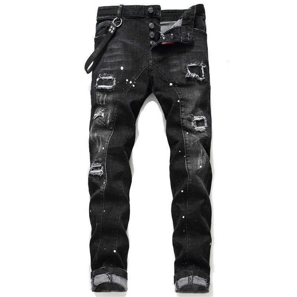 

hop mens jeans jean hip pants street trend zipper chain decoration ripped stretch black fashion slim fit washed motocycle denim panelled tro, Blue