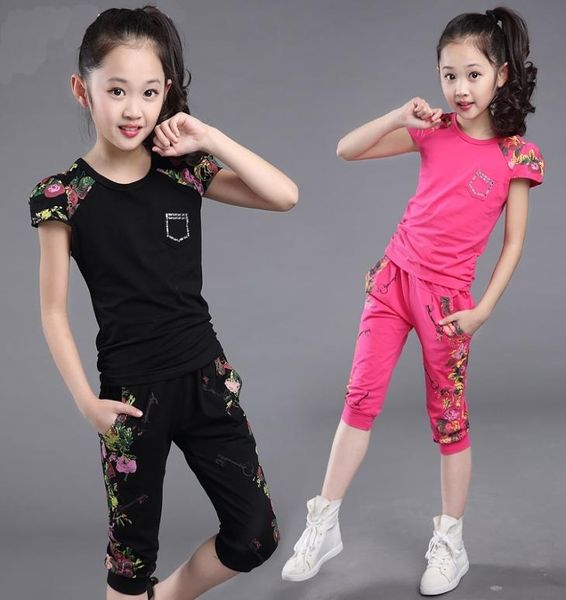 

summer girls clothes sets print short sleeve tshirt pants 2pcs girls sports suit children clothing 5 6 7 8 9 10 12 years y2008315707357, White