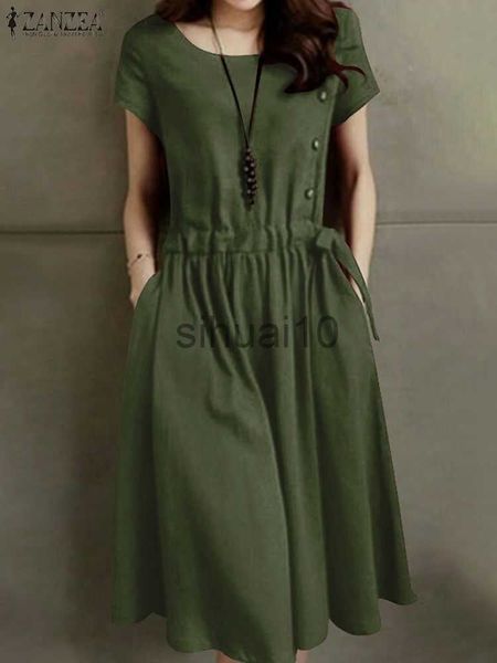 

casual dresses zanzea summer vintage cotton dress women short sleeve solid drawstring waist sundress fashion casual knee-length vestidos kaf, Black;gray