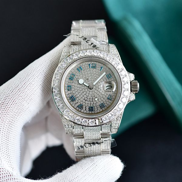 

full diamond mens automatic watch 42mm mechanical watches waterproof fashion business wristwatch montre de luxes, Slivery;brown