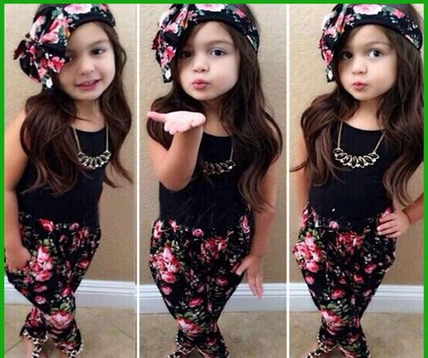 

fashion style selling girls black tshirt short sleeve floral pants with flower heascraf threepieces girls clothing suits6259052, White