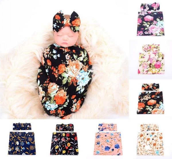 

newborn baby flower swaddle rabbit ear bow headbandrose swaddle cloth 2pcset floral printing receiving blankets8362291