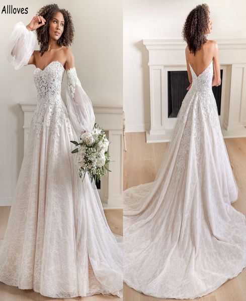 

removable lantern sleeves a line wedding dresses plus size sweetheart low back boho country bridal gowns long tulle lace appl7783767, White