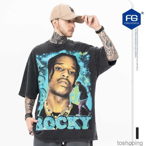 

fg men's wear 2023 summer new fashion brand hip hop rap singer print wash old round neck short sleeve t-shirt, White;black