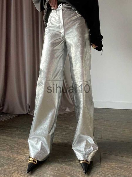 

women's pants capris glitter sliver pu leather women's pants elegant loose high waist straight trousers 2023 lady casual spring lo, Black;white