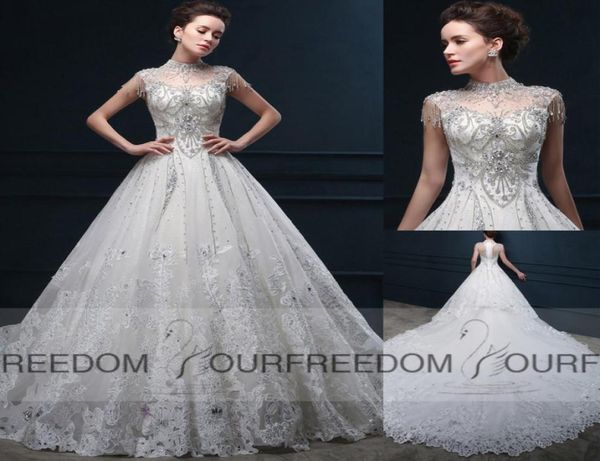 

gorgeous chapel train wedding dresses 2019 new crystal beaded high collar cap sleeve church castle bridal gown custom made6040708, White