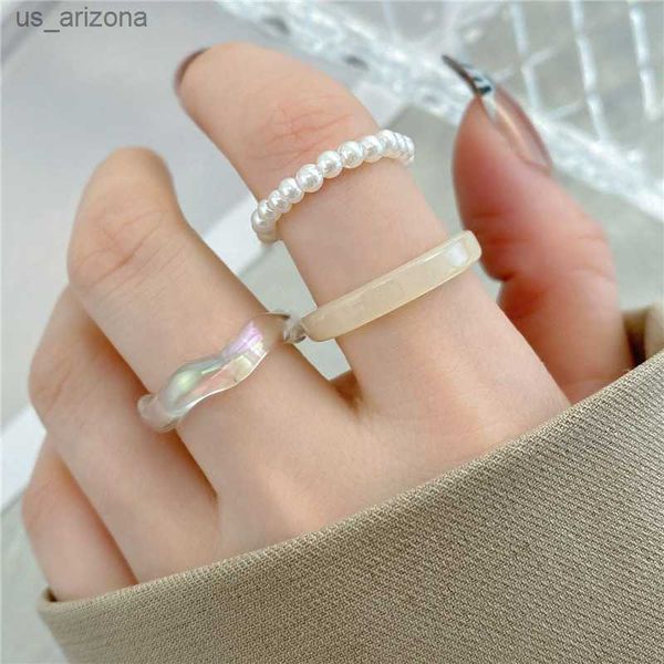 

korean fashion acrylic ring set for women 3pcs aesthetic light color resin beaded elastic ring 2023 bridal wedding party jewelry l230620, Silver