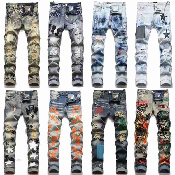 

mens amirskling jeans jean straight fit pants personalized slim zipper star men embroidery trend motorcycle, Blue