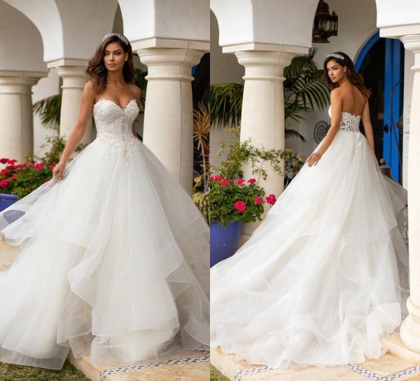

moonlight 2019 a line wedding dresses sweetheart lace applique beads country bridal gowns sweep train tiered sleeveless beach wedd2383622, White