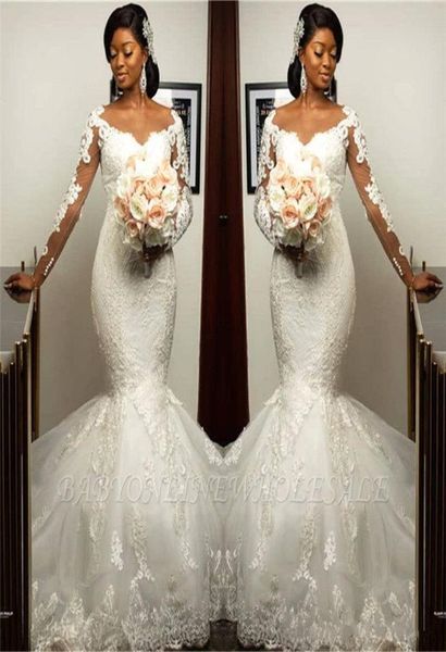 

illusion long sleeve mermaid wedding dresses 2020 vestido de novia jewel neck lace applique trumpet african bridal wedding gown1702722, White
