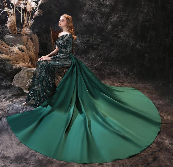

one shoulder prom dresses sequins applique stock satintrain party gowns sweep green train evening dress7348635, Black