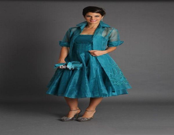 

elegant mother of bride dresses with jacket long sleeves a line tea length prom evening party wears plus size8206689, Black;red