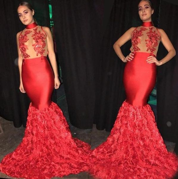 

red mermaid evening dresses high neck appliques illusion bodice satin 3d flowers backless prom dresses party dresses sweep tr2918874, Black;red